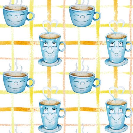 Pattern with funny characters cups. Checkered pattern. Watercolor. Tea-set.の写真素材