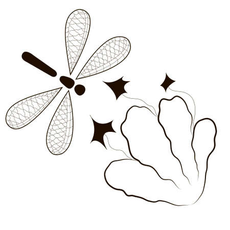 Black and white graphics. Composition with flowers and a dragonfly. Vector.のイラスト素材
