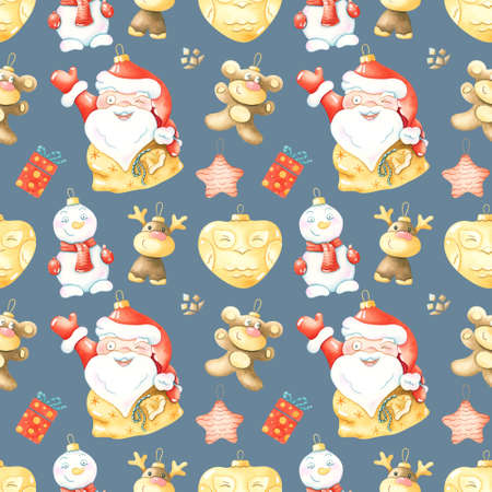Watercolor pattern, santaclaus, snowman, gift, owl, star, bear, deer.の写真素材