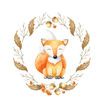 Watercolor wreath with brown leaves and acorns. Watercolor fox.の写真素材