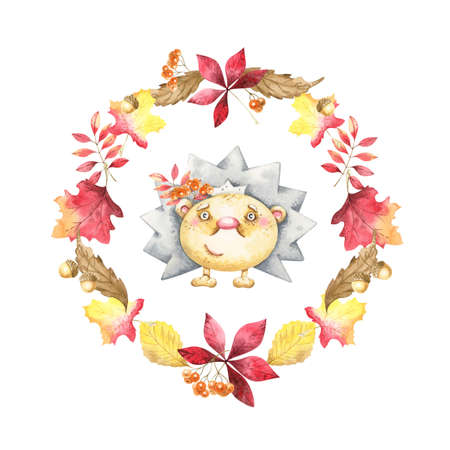 Watercolor, round wreath with autumn leaves. Bright and colorful. Watercolor hedgehog.の写真素材