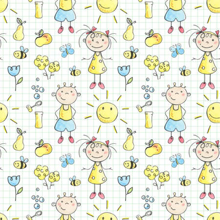 Happy children in summer. Funny little children play, run and jump. Color seamless pattern in childrens doodle style. Hand drawn illustration isolated on white background.の写真素材