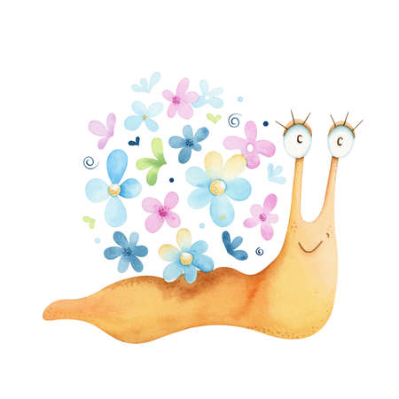 A happy cartoon snail with a shell of flowers.の写真素材
