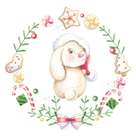 Merry Christmas wreath with rabbit, white background.の写真素材