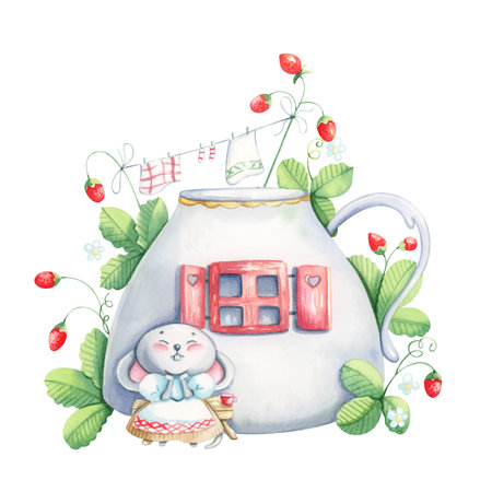 Watercolor illustration of a cup house. The mouse character is sitting near the house.の写真素材