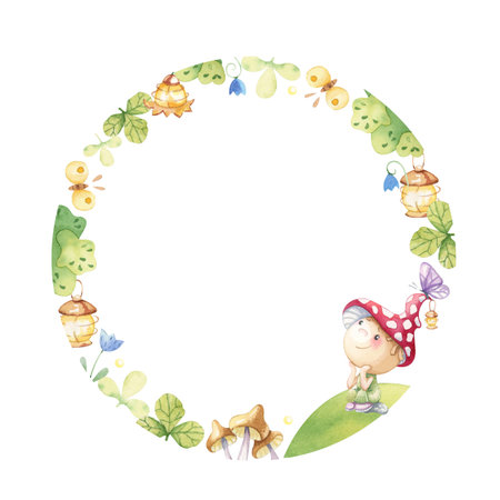 Watercolor wreath with a character on a fairy tale theme.の写真素材