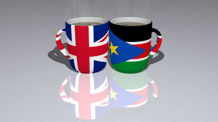 UNITED KINGDOM AND SOUTH SUDAN relationship shown by national flags over coffee cups on mirror floor as editorial andの写真素材