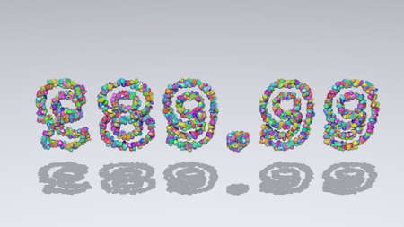 Colorful 3D writting of Â£89.99 text with small objects over a white background and matching...