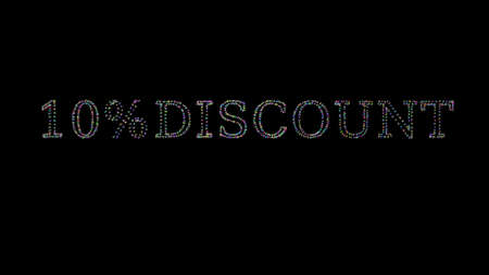 10% DISCOUNT written in 3D illustration by colorful small objects casting shadow on a black...