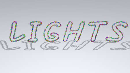 Lights: 3D illustration of the text made of small objects over a white background with shadows