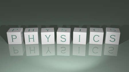 crosswords of PHYSICS arranged by cubic letters on a mirror floor, concept meaning and presentation