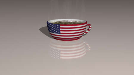 country flag of United States Of America placed on a cup of hot coffee in a 3D illustration mirrored on the floor with aの写真素材