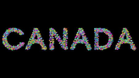 CANADA written in 3D illustration by colorful small objects casting shadow on a black backgroundの写真素材