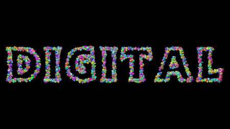 DIGITAL: 3D illustration of the text made of small objects over a black background with shadowsの写真素材