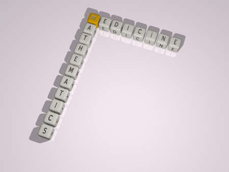 crosswords of MEDICINE MATHEMATICS arranged by cubic letters on a mirror floor, concept meaning and...