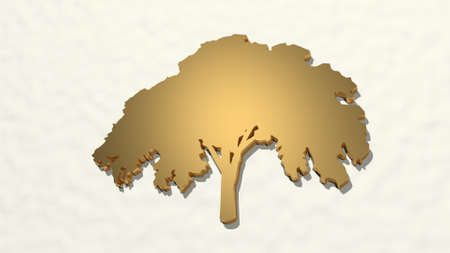 TREE made by 3D illustration of a shiny metallic sculpture on a wall with light backgroundの写真素材