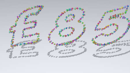 Â£85 written in 3D illustration by colorful small objects casting shadow on a white background