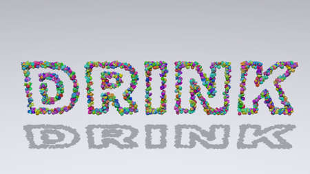 DRINK written in 3D illustration by colorful small objects casting shadow on a white background