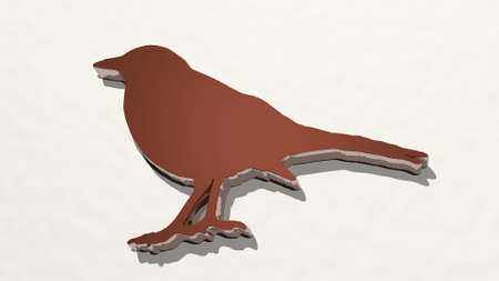 crow on the wall. 3D illustration of metallic sculpture over a white background with mild textureの写真素材