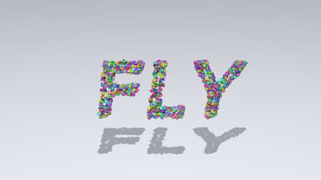 fly written in 3D illustration by colorful small objects casting shadow on a white background