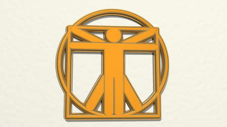 DANCING BODY FORM made by 3D illustration of a shiny metallic sculpture on a wall with light backgroundの写真素材