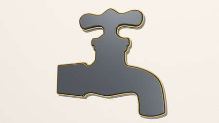 WATER TAP from a perspective on the wall. A thick sculpture made of metallic materials of 3D renderingの写真素材