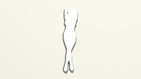 girl showing her figure made by 3D illustration of a shiny metallic sculpture on a wall with light backgroundの写真素材