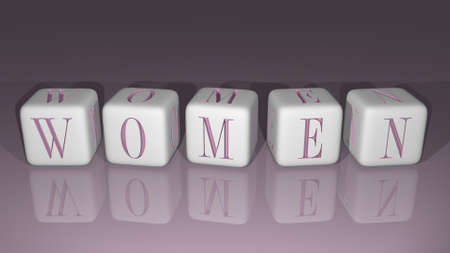 alphabetic Women arranged by cubic letters on a mirror floor, concept meaning and presentation in 3D perspectiveの写真素材