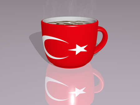 TURKEY placed on a cup of hot coffee mirrored on the floor in a 3D illustration with realistic perspective and shadowsの写真素材