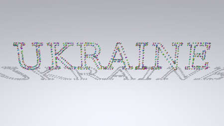 Colorful 3D writting of ukraine text with small objects over a white background and matching shadowの写真素材