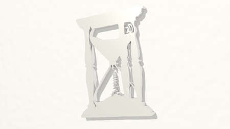 SAND WATCH HOURGLASS made by 3D illustration of a shiny metallic sculpture on a wall with light...