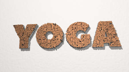 YOGA OF CHAOTIC SHAPE from a perspective on the wall. A thick sculpture made of metallic materials of 3D renderingの写真素材