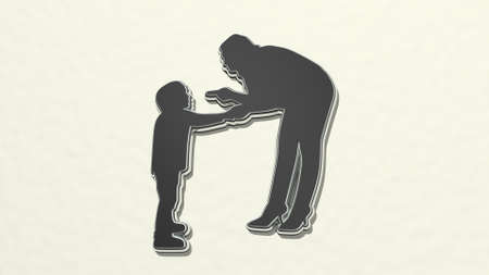 man disciplines a kid on the wall. 3D illustration of metallic sculpture over a white background with mild textureの写真素材