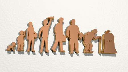 evolution of human from birth to death on the wall. 3D illustration of metallic sculpture over a...