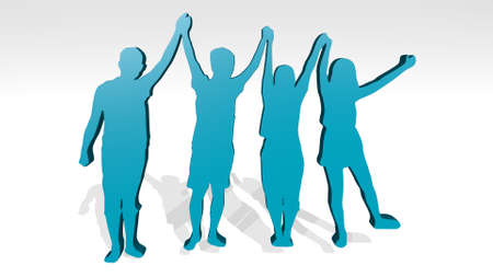 boys and girls happy together made by 3D illustration of a shiny metallic sculpture on a wall with light backgroundの写真素材