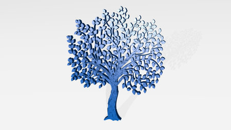 TREE WITH LEAVES made by 3D illustration of a shiny metallic sculpture on a wall with light backgroundの写真素材