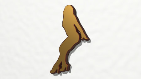 WOMAN IN SEDUCTIVE POSTURE made by 3D illustration of a shiny metallic sculpture on a wall with light backgroundの写真素材