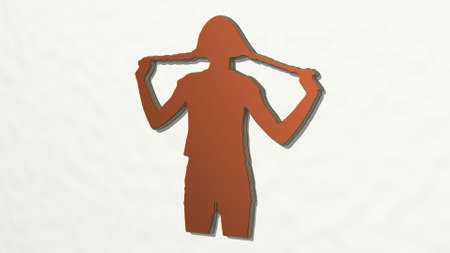 GIRL HOLDING HAIR BRAIDS made by 3D illustration of a shiny metallic sculpture on a wall with light backgroundの写真素材
