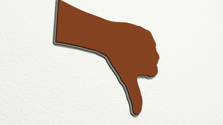 thumb down from a perspective on the wall. A thick sculpture made of metallic materials of 3D renderingの写真素材