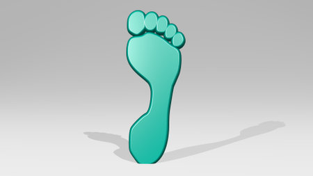 foot sole sign on the wall. 3D illustration of metallic sculpture over a white background with mild textureの写真素材