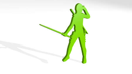 SWORD WOMAN made by 3D illustration of a shiny metallic sculpture on a wall with light backgroundの写真素材