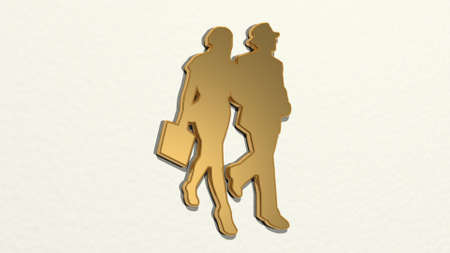MAN AND WOMAN WALKING TOGETHER made by 3D illustration of a shiny metallic sculpture on a wall with light backgroundの写真素材
