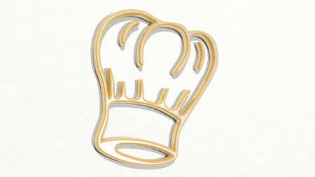 chef hat made by 3D illustration of a shiny metallic sculpture on a wall with light backgroundの写真素材