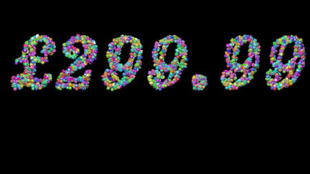 Colorful 3D writting of Â£299. text with small objects over a dark background and matching shadowの写真素材