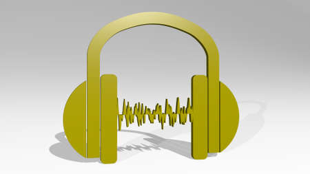 listening to music from a perspective on the wall. A thick sculpture made of metallic materials of 3D renderingの写真素材