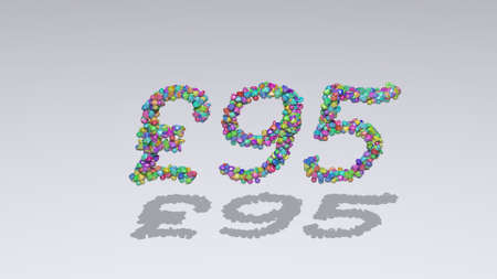 Â£ written in 3D illustration by colorful small objects casting shadow on a white backgroundの写真素材