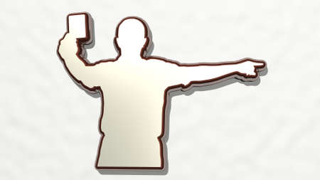 REFEREE GIVING RED CARD made by 3D illustration of a shiny metallic sculpture on a wall with light backgroundの写真素材