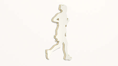 woman jogging and running on the wall. 3D illustration of metallic sculpture over a white background...
