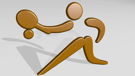 MAN PLAYING TENNIS from a perspective on the wall. A thick sculpture made of metallic materials of 3D renderingの写真素材