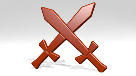 swords on the wall. 3D illustration of metallic sculpture over a white background with mild textureの写真素材